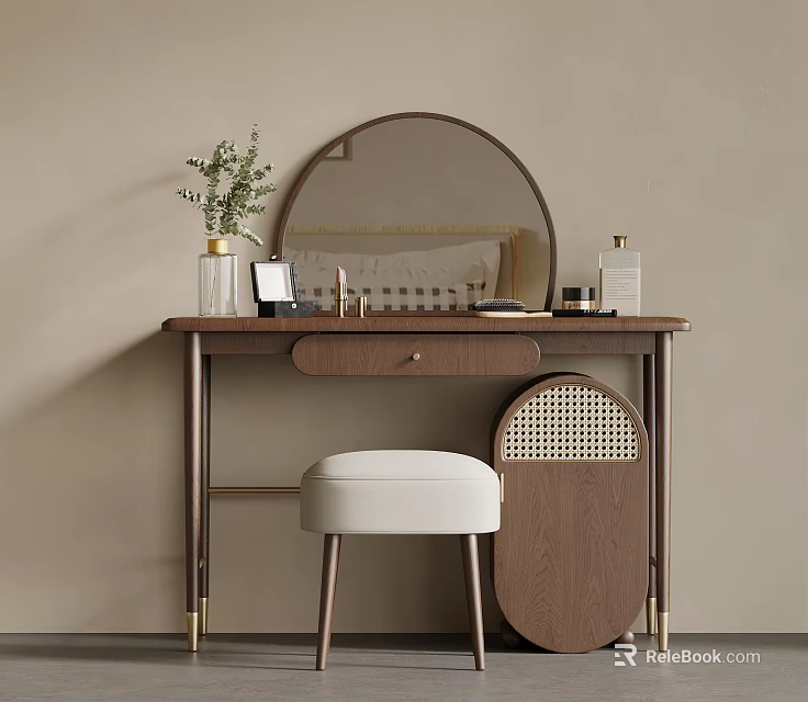 Elegant Wooden Dressing Table with Round Mirror White Stool and Decorative Items 3d model 