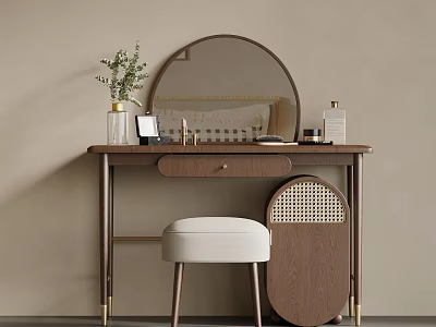 Elegant Wooden Dressing Table with Round Mirror White Stool and Decorative Items 3d model