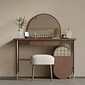 Elegant Wooden Dressing Table with Round Mirror White Stool and Decorative Items 3d model