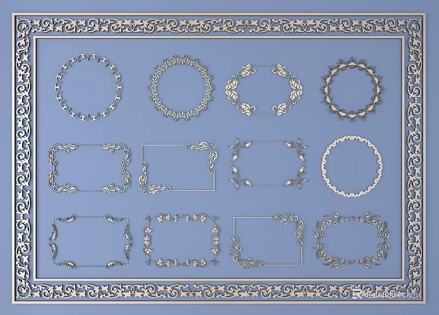 Ornate Carved Frames in Various Shapes for Decorative Design Elements 3d model 