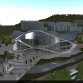 Modern Basketball Arena With Curved Roof Glass Facade Surrounded By Greenery Trees And People Walking