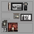 Gray Wall With Decorative Moldings Featuring Various Photo Frames And Artworks