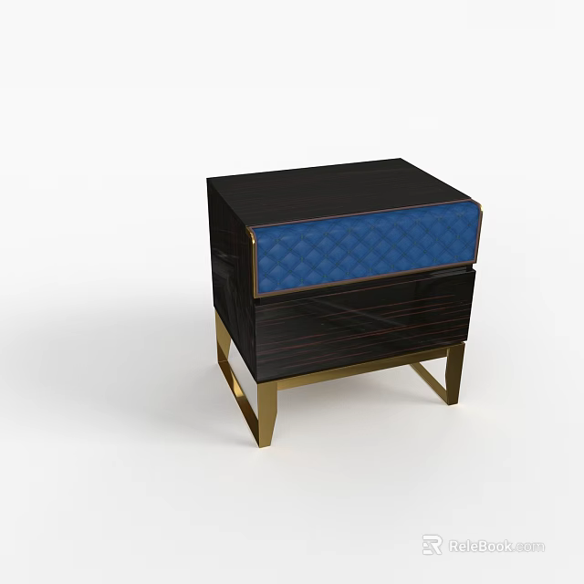 Elegant Modern Black Nightstand With Blue Quilted Drawer And Gold Legs 3d model 