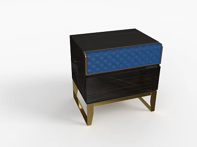 Elegant Modern Black Nightstand With Blue Quilted Drawer And Gold Legs 3d model