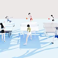 Group of People Playing Table Tennis at Several Tables in Active Scene