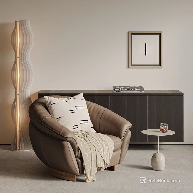 Cozy Brown Single Sofa with White Pillow Light Blanket Near Small Round Table and Wavy Floor Lamp 3d model 