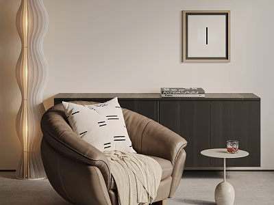 Cozy Brown Single Sofa with White Pillow Light Blanket Near Small Round Table and Wavy Floor Lamp 3d model