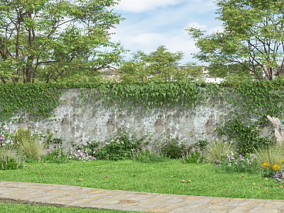 Garden Landscape Featuring Ivy Covered Stone Wall Lush Trees Flowers And Stone Path 3d model