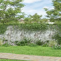 Garden Landscape Featuring Ivy Covered Stone Wall Lush Trees Flowers And Stone Path