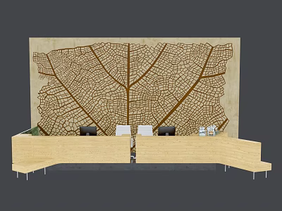 Modern Wooden Reception Desk With Leaf Vein Pattern Background And Chairs 3d model