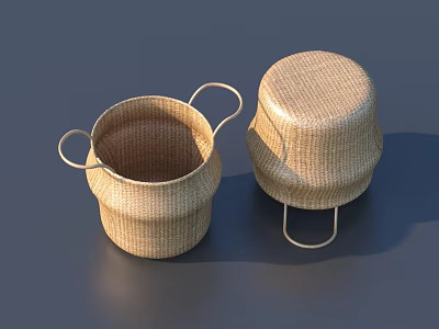 Woven Straw Storage Baskets With Metal Handles For Household Daily Use 3d model