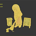 Cartoon Cleaning Scene With Headscarf Figure Broom Green Trash Bin Leaves And Fresh Sebagian Signboard