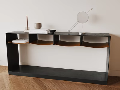 Modern Black Console Table With Mirror Cup Books On Wooden Floor White Wall 3d model