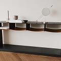 Modern Black Console Table With Mirror Cup Books On Wooden Floor White Wall