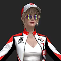 Woman In Red And White Sporty Outfit With Cap Pleated Skirt And Sneakers