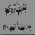 Stylish Dining Table Set With Rectangular Table Beige Gray Brown Chairs And Green Plant Vase 3d model