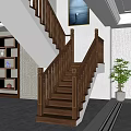 Wooden Staircase With Handrail Balusters Bookshelf Decorative Items And Potted Plant In Modern Home Interior