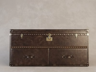 Vintage Brown Leather Trunk with Metal Rivets Lock and Drawers 3d model