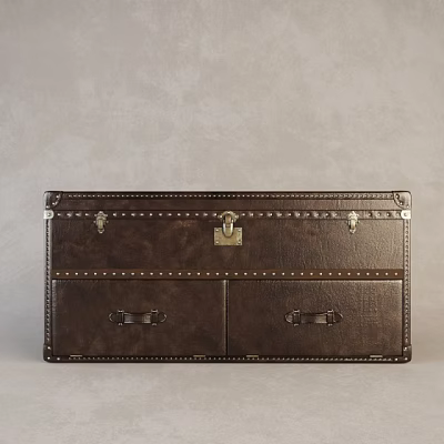 Vintage Brown Leather Trunk with Metal Rivets Lock and Drawers 3d model