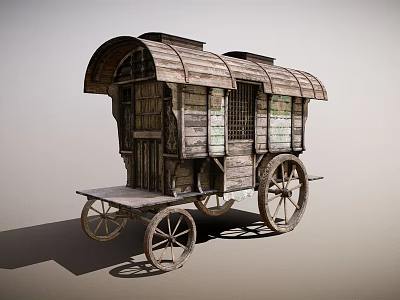 Vintage Wooden Carriage with Curved Roof Wooden Frames Windows and Spoked Wheels 3d model