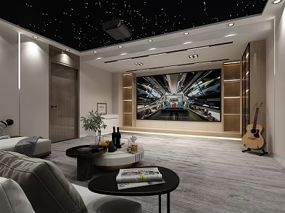 Home Theater Interior With Starry Ceiling Large Screen Comfortable Sofas And Soft Carpet 3d model