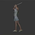 Woman Swinging Golf Club In Light Blue Sleeveless Top And Pleated Skirt With Sandals