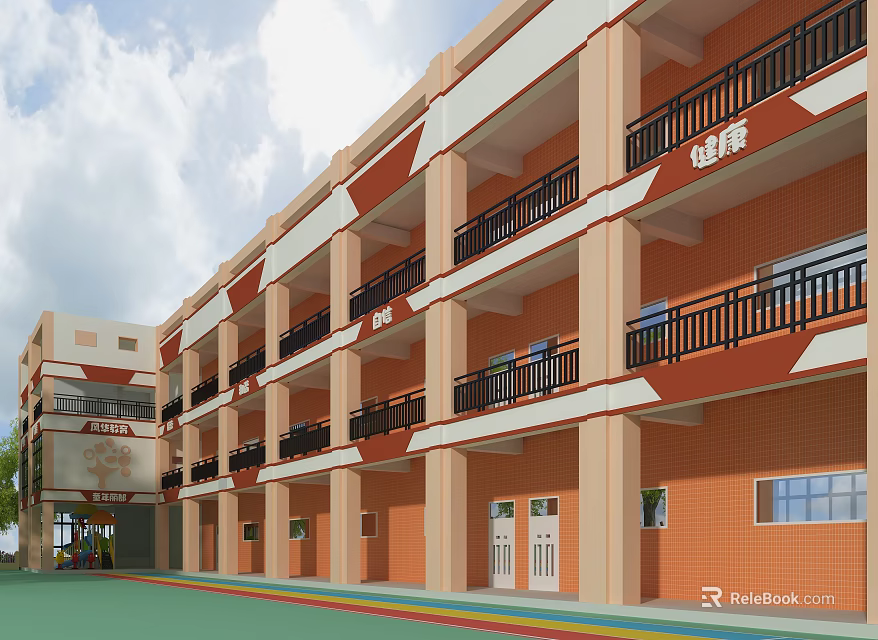 Multi Story School Building Featuring Orange White Exterior Balconies Black Railings Large Windows 3d model 