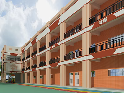 Multi Story School Building Featuring Orange White Exterior Balconies Black Railings Large Windows 3d model