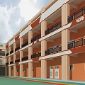 Multi Story School Building Featuring Orange White Exterior Balconies Black Railings Large Windows