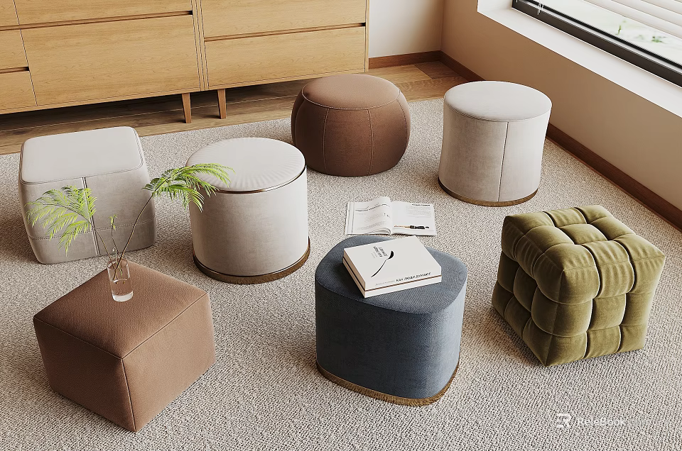 Various Colored Upholstered Stools In Different Shapes For Living Room Setting With Plant And Book 3d model 