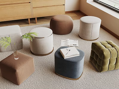 Various Colored Upholstered Stools In Different Shapes For Living Room Setting With Plant And Book 3d model