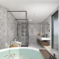 Modern Bathroom Interior With Marble Walls Glass Shower Double Sinks And Bathtub