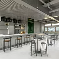 Modern Café Interior With Bar Counter High Stools Tables And Large Windows Green Plant