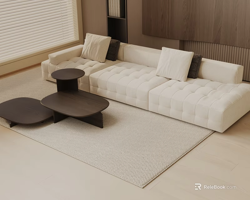 Modern White Three Seater Sofa With Dark Coffee Tables And Soft Rug In Living Room 3d model 