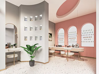 Modern Hair and Beauty Salon Interior With Pink Walls Curved Design White Counters and Mirrors 3d model