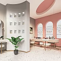 Modern Hair and Beauty Salon Interior With Pink Walls Curved Design White Counters and Mirrors