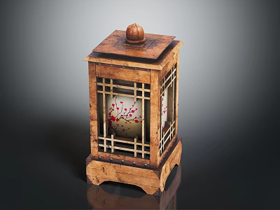 Wooden Lantern Shaped Furniture With Lattice Panels Top Knob And Intricate Patterned Glass Shade 3d model