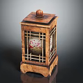 Wooden Lantern Shaped Furniture With Lattice Panels Top Knob And Intricate Patterned Glass Shade