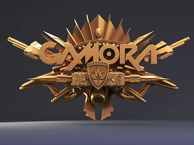 CAMORA 3D Golden Logo Features Intricate Shield Weapon Ornamental Elements 3d model
