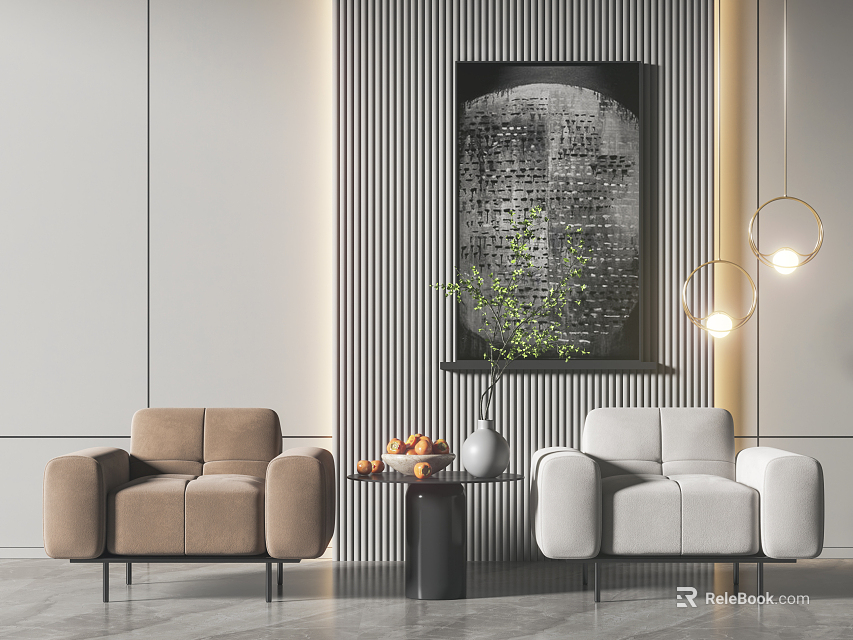 Casual Sofa Set With Beige White Armchairs Side Table Vase Decorative Painting And Pendant Lights 3d model 