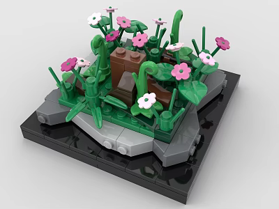 Building Blocks Creative Garden Scene With Green Plants Pink White Flowers And Brown Brick Details 3d model