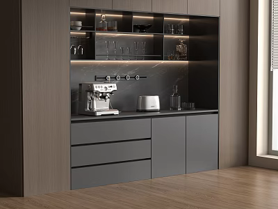 Modern Dark Gray Sideboard With Drawers Cabinets Open Shelves Coffee Machine And Glasses 3d model