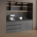 Modern Dark Gray Sideboard With Drawers Cabinets Open Shelves Coffee Machine And Glasses