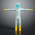 Game Movie Character With White Protective Suit Blue Face Shield Yellow Gloves Boots Arms Outstretched