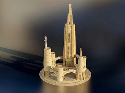 Intricate Architectural Model Featuring Tall Spire Cylindrical Towers And Base Structure 3d model