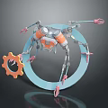 Mechanical Creature With Multiple Legs Blue Ring Orange Gear And Gray Parts