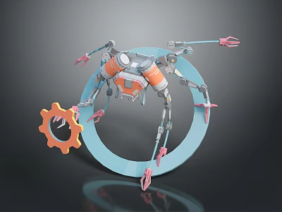 Mechanical Creature With Multiple Legs Blue Ring Orange Gear And Gray Parts 3d model
