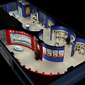 Exhibition Hall Interior Design With Red Blue Walls Display Posters White Counters And Marble Floors