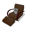 Brown Armchair with Striped Pillow Matching Ottoman and Curved Armrests Design