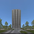 Modern High Rise Residential Building Exterior With Trees Under Blue Sky